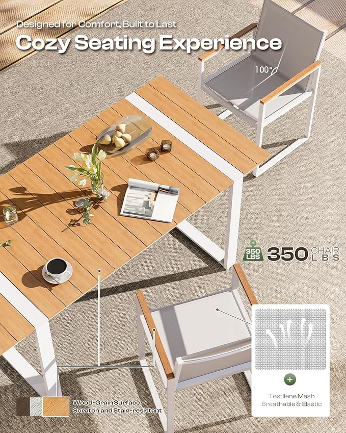 Outdoor Dining Chairs Set of 2, Aluminum Patio Dining Chiars with Textilene Mesh, 2 Piece Outdoor Chiars for Garden, Backyard, Deck (White-Teak)