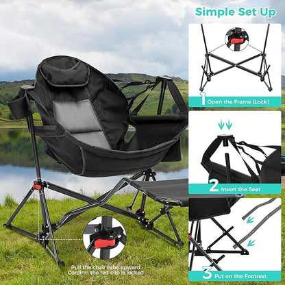 Ainfox Hammock Camping Chair with Footrest, Foldable Portable Rocking Chairs for Adults Outside Swinging Camp with Cup Holder Pillow for Outdoor Patio Poolside (Dark Black)