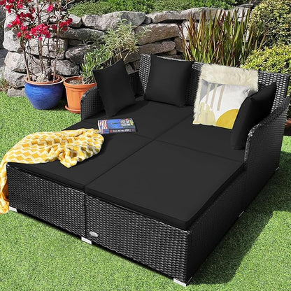 HAPPYGRILL Patio Rattan Daybed Outdoor Loveseat Sofa Set with Padded Cushion Pillows and Sturdy Aluminum Foot Wicker Patio Furniture for Garden Porch Poolside