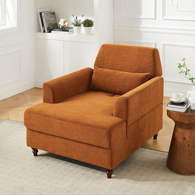Chaise Lounge Chair Indoor with Adjustable Backrest, Upholstered Mid-Century Reading Chair, Oversized Accent Armchair for Living Room & Bedroom, Comfy Single Sofa Chair, Modern Living Room Chair
