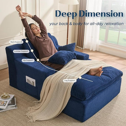 63" Chaise Lounge Chair Indoor, Set of Convertible Sleeper Sofa Couch with Throw Pillows & Side Pockets, Corduroy Upholstered Oversized Sofa Bed with Armrests for Living Room Bedroom, Blue
