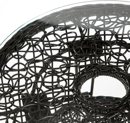 Furniture of America Ysar Boho 19-inch Round Coffee Table Outdoor with Tempered Glass Top and Metal Frame, Handcrafted Coastal Furniture for Patio, Poolside, Garden, Yard, Black