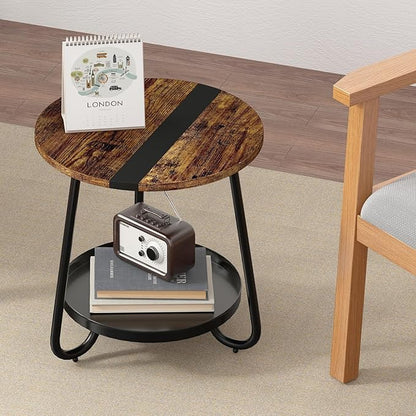 2 Tier Coffee Table in Living Room, Industrial Style Round Coffee Table with Metal Tray, Wood Small Outdoor Coffee Table for Bedroom Balcony Patio, Rustic Brown