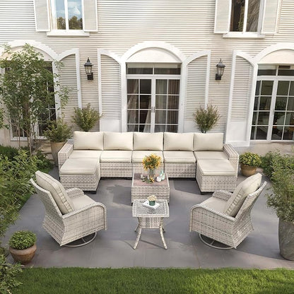 11-Piece Outdoor Patio Furniture Set with Rocking Swivel Chair Wicker Sectional Sofa Set, Patio Conversation Set with Ottomans & Coffee Table for Garden, Backyard, Poolside, White