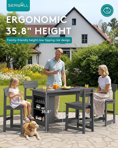 SERWALL Outdoor Bar Table, All Weather HDPE 36" Counter Height Dining Table with Storage and Wine Rack for Patio, Garden, Backyard, Balcony, Poolside, Gray
