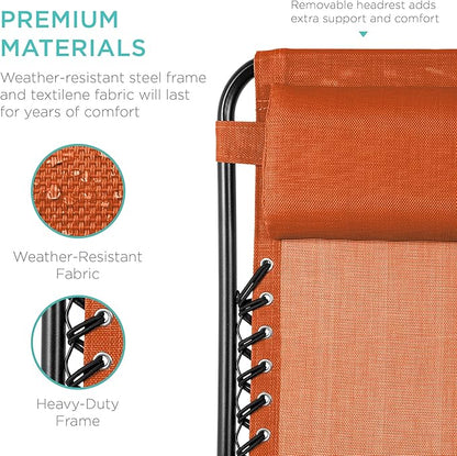 Best Choice Products Set of 2 Adjustable Steel Mesh Zero Gravity Lounge Chair Recliners w/Pillows and Cup Holder Trays - Burnt Orange