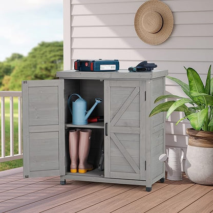 Outdoor Potting Bench with Storage Cabinet and Metal Top, Wood Workstation for Outdoor Patio, Garden (Dark Grey, 31x17x36‘’)