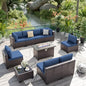 ALAULM 10 Pieces Patio Furniture Set with Propane Fire Pit Table Outdoor Sectional Sofa Sets Patio Furniture 43" Gas Fire Pit Brown PE Rattan Patio Conversation Set w/8 Seat Cushions (Deep Blue)