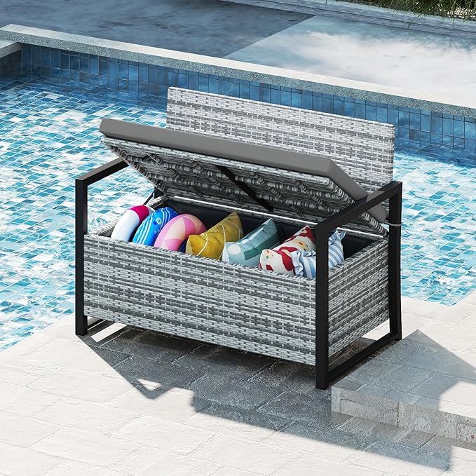 Patio Storage Bench, 43.5 in Wide PE Rattan, 40 Gallon Capacity