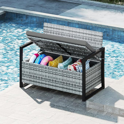Patio Storage Bench, 43.5 in Wide PE Rattan, 40 Gallon Capacity