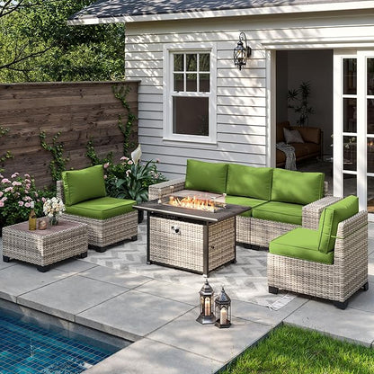 7-Piece Outdoor Patio Furniture Set with 55,000 BTU Fire Pit Table, PE Wicker Rattan Sectional Sofa Patio Conversation Set with Thickened Cushions & Coffee Table, Avocado Green