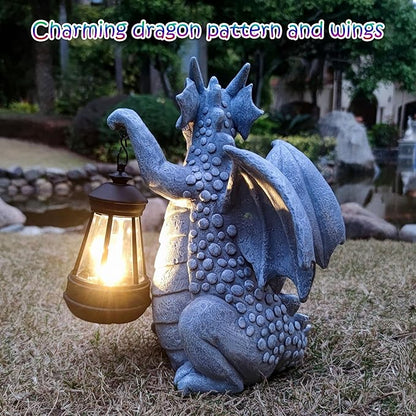 Solar Dragon Garden Statue Decoration with Solar Lantern,Dragon Figurine Lights Outdoor Décor for Yard，Lawn ,Patio, Balcony, Unique Housewarming Ornament