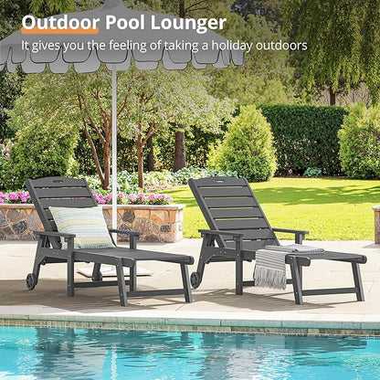 LUE BONA Chaise Lounge Chair with Table, 3-Piece, HDPS Chaise Lounger, 5 Positions Adjustable Lounge Chairs, Pool Lounge Chair with Wheels for Poolside, Backyard, Dark Gray