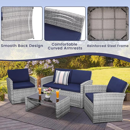 4-Piece Patio Furniture Set, Wicker Outdoor Rattan Sectional Sofa with Cushions and Glass Table, All-Weather Outdoor Conversation Set, Ideal for Garden, Porch, Backyard, Navy