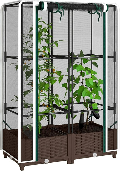 Outsunny Raised Garden Bed with Trellis, 46.5" Tomato Cage with Crop Cage, Self Watering Planter Box with Drainage Holes and Plugs for Outdoor Patio Climbing Plants, Vines, Vegetables, Flowers, White