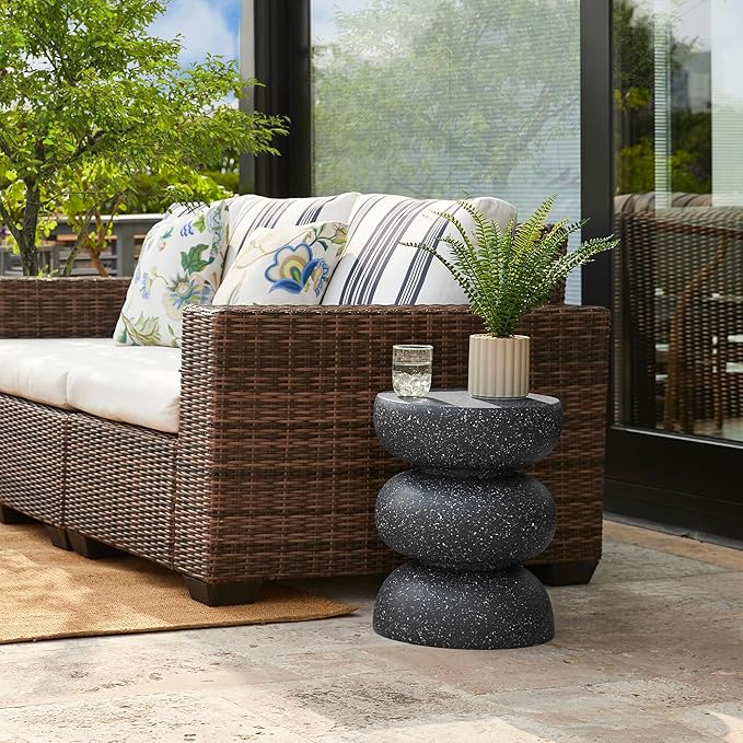 Glitzhome Outdoor Side Table, 18" H Decorative Garden Stool MGO Faux Terrazzo End Table, Heavy Duty Indoor Outdoor Round Planter Stand for Living Room Bedroom Patio Deck Poolside,Black