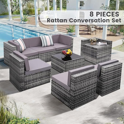 8-Piece Patio Furniture Set, Outdoor Wicker Rattan Sectional with Thick Cushions, Glass Top Table with Hidden Storage, Outdoor Conversation Set for Backyard, Porch, Patio, Light Grey