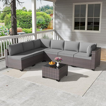 Kullavik 7 Pieces Outdoor Patio Furniture Set PE Wicker Rattan Sectional Sofa Patio Conversation Sets,Grey