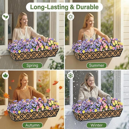 Y&M 2pcs 30" Window Boxes Horse Trough with Coconut Coir Liner,30 Inch Window Deck with Coco Liner, Black Metal Hanging Flower Planter Window Basket Deck Railing Planter Boxes for Outdoor Indoor