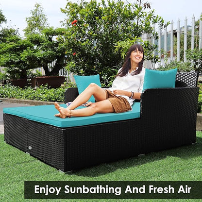 Tangkula Outdoor Rattan Daybed, Sunbed Wicker Furniture w/Spacious Seat, Upholstered Cushion & High-Resilience Sponge, Wicker Patio Sofa Set w/Extra Pillows for Courtyard Poolside(Turquoise)