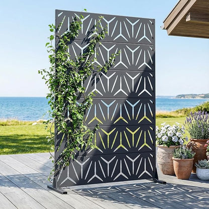 Casaphoria Metal Privacy Screen Outdoor, 72" H x 47" W Freestanding Decorative Privacy Screen for Patio Deck Balcony Garden with Stable Base, Grey-Star
