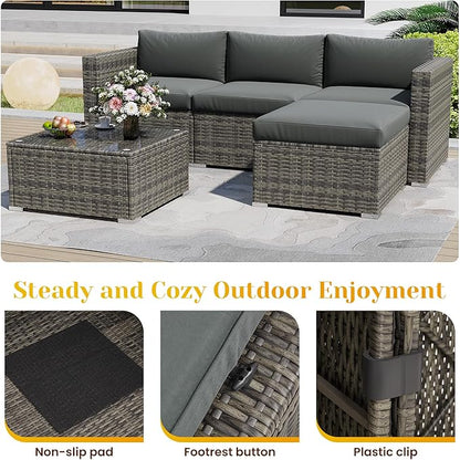 5 Piece Outdoor Patio Sectional Furniture Set, Weather Resistant Rattan Outside Couch, Waterproof Conversation Sofa for Balcony, Porch, Backyard, Deck, Garden, Grey