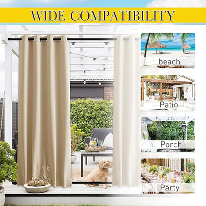 NICETOWN 2 Panels Outdoor Curtains for Patio Waterproof & Windproof, Thermal Insulated Top & Bottom Grommet & Back Tab Light Block Outdoor Drapes with Bouns Rope for Fixed, Biscotti Beige, W46 x L90