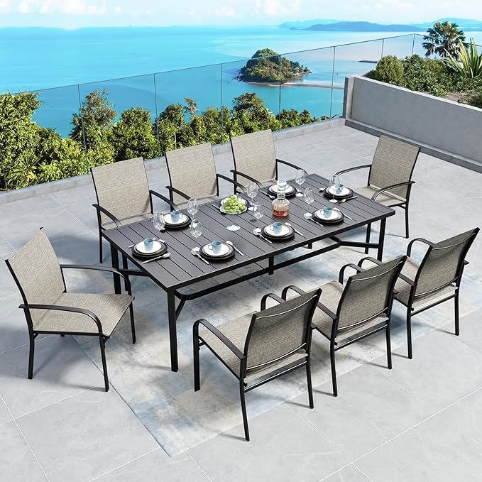Patio Dining Set 9 PCS, 8 Stable Outdoor Dining Chairs with Rectangular Dining Table, Patio Table and Chairs Set for Lawn,Deck and Backyard