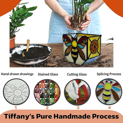 Stained Glass Bee Planter, Plant Pots with Drainage,Cute Flower Pots,Bee Gifts for Women4.6x3x5.15 Inches
