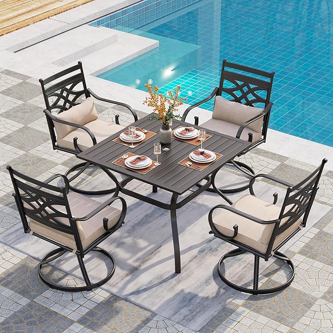 PHI VILLA 5 Pieces Outdoor Dining Set for 4, 37" Square Black Metal Table & Wrought Iron Swivel Chairs, All Weather Large Outside Furniture with Cushions & Pillows for Patio, Deck, Porch