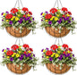 14 inch Metal Hanging Baskets For Plants Outdoor 4 Pack Round Metal Wire Hanging Basket Planter with Coco Fiber Liners Plant Holder for Garden, Patio, Deck, Porch Plants Flower Potss Outdoor(Grid)