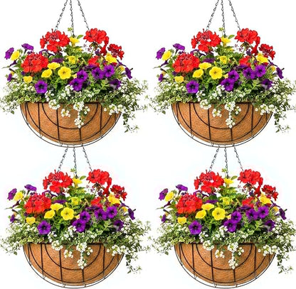 Metal Hanging Baskets for Plants Outdoor 4 Pack Round Metal Wire Hanging Basket Planter (Grid, 10 Inch)