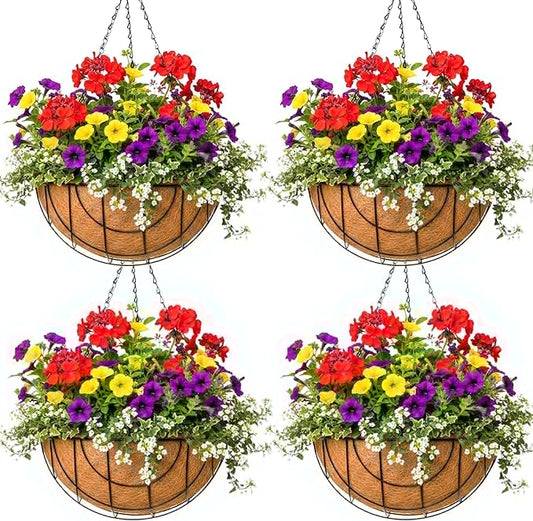 Metal Hanging Baskets for Plants Outdoor 4 Pack Round Metal Wire Hanging Basket Planter (Grid, 10 Inch)