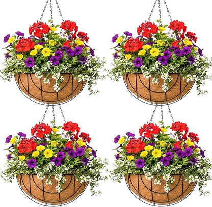 12 inch Metal Hanging Baskets for Plants Outdoor 4 Pack Round Metal Wire Hanging Basket Planter with Coco Fiber Liners Chain Round Wire Plant Holder for Garden, Patio, Deck, Outdoor(Grid)