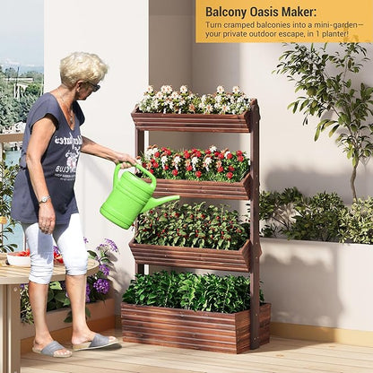 Vertical Wooden Raised Garden Bed Planters Wood Planter Kit Plant Stand Flower Rack Planter Box Gardening Plants Herbs Flowers Vegetables Outdoor Indoor Freestanding (Carbonized 4-Tier)