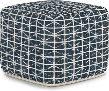SIMPLIHOME Noreen Boho Square Pouf in Dark Blue and White Handloom Woven Pattern for the Living Room, Bedroom and Kids Room
