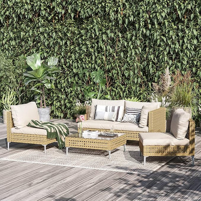Grand patio 5-Piece Wicker Patio Furniture Set, Boho Outdoor Sectional Sofa with Water Resistant Thick Cushions Coffee Table, Cream