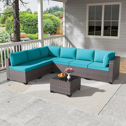 Kullavik 7 Pieces Outdoor Patio Furniture Set PE Wicker Rattan Sectional Sofa Patio Conversation Sets,Blue