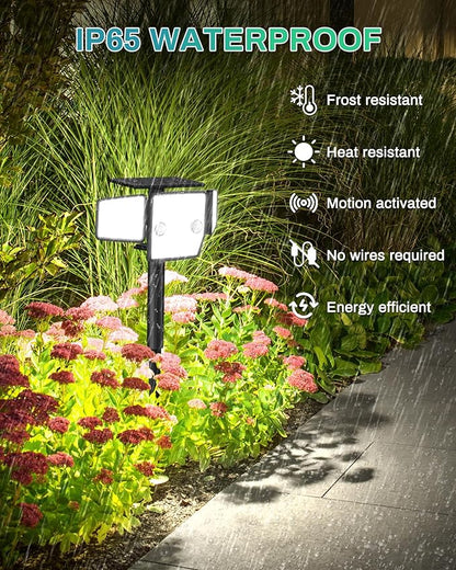 Solar Outdoor Lights with Stakes, 2500LM 180° PIR Motion Sensor, 360° Wide Angle Illumination, In-Ground or Wall Mount, IP65 Waterproof, 3 Modes, 236 LEDs Security Flood Light, 2 Pack