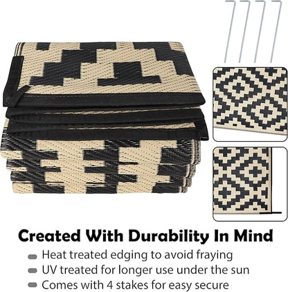 SAND MINE Reversible Mats, Plastic Straw Rug, Modern Area Rug, Large Floor Mat and Rug for Outdoors, RV, Patio, Backyard, Deck, Picnic, Beach, Trailer, Camping, Black & Beige, 6' x 9'