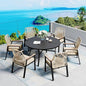 7 Pieces Patio Dining Set, 6 x Woven Rattan Chairs with Waterproof Cushion, 54” Metal Round Dining Table with Umbrella Hole, Outdoor Table and Chairs Set for Backyard Lawn and Deck