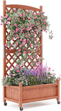 GarveeLife 1PC Wood Planter Box with Trellis - 29.5"x26"x61.5" Tall Raised Garden Bed with Wheels, Drainage Holes, Vertical Flower Stand for Patio Horticulture