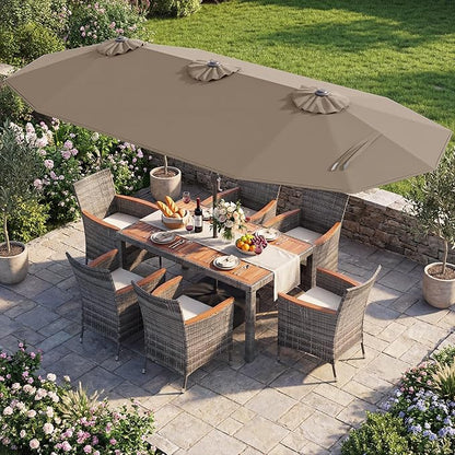 Tangkula 9 Piece Rattan Outdoor Dining Set with 13Ft Umbrella for 6, Outdoor Wicker Table Set with 6 Cushioned Armchairs, Acacia Wood Top, Outdoor Umbrella & with Base Included