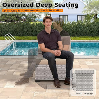 12-Seat Modern Outdoor Wicker Rattan Patio Furniture Set with 55,000 BTU Fire Pit Table, Thick 4″ Cushions, All-Weather Dual-Strand Rattan, Rust-Resistant Steel Frame,Beige