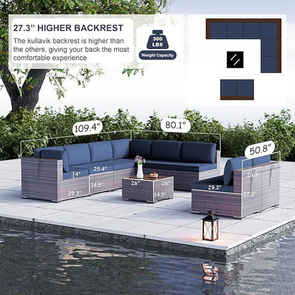 Kullavik 9 Pieces Outdoor Patio Furniture Set PE Wicker Rattan Sectional Sofa Patio Conversation Sets,Navy Blue