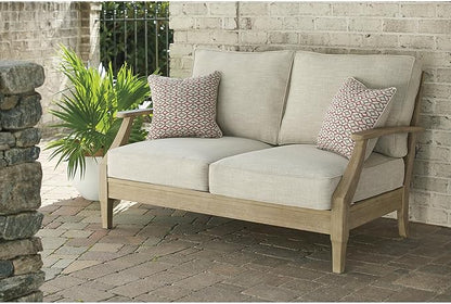 Signature Design by Ashley Clare View Coastal Outdoor Loveseat, Cushioned with Nuvella Fabric, Protective Finish, Eucalyptus Wood, 55.5" W x 35" D x 32" H, Beige