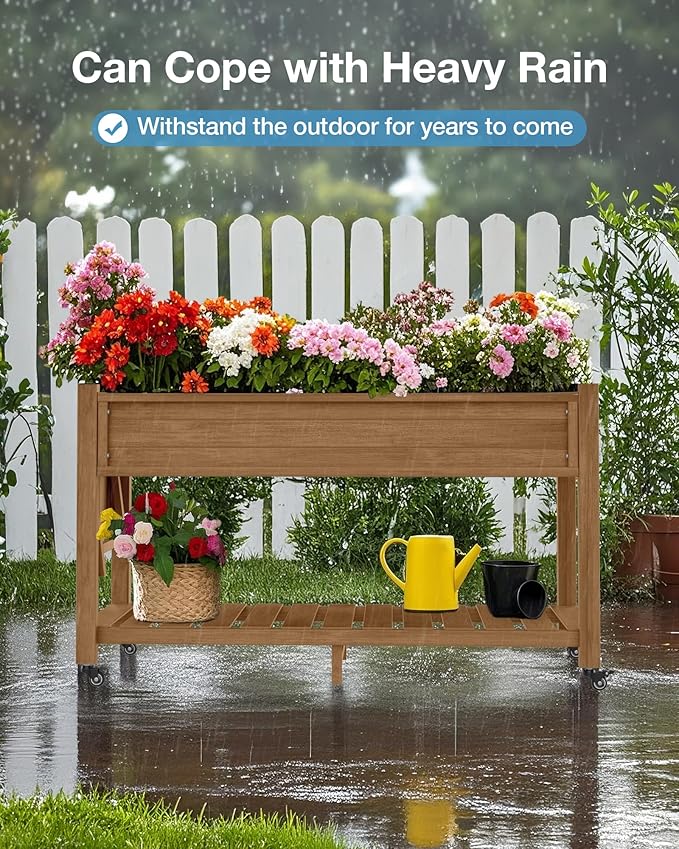 YEFU Raised Garden Bed with Legs: 57x18x30in Elevated Poly Planter with Wheels,Waterproof Mobile Raised Bed Garden, Elevated Planter Box Stand with Storage Shelf,for Herb,Carrot,Tomato (Teak,2pcs)