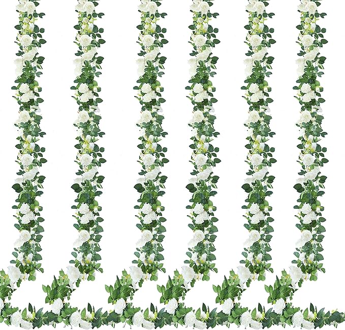 Artificial Plants Greenery: White Silk Rose Vine Garlands, 6 Pack, 7.75 Ft