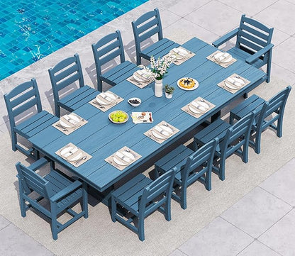 SERWALL 11 Piece Outdoor Dining Set, 84" HDPE Outdoor Table and Chairs for 10，All Weather Patio Furniture Set with Umbrella Hole for Backyard, Garden, Blue