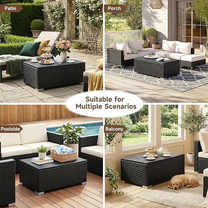 ONBRILL Outdoor Coffee Table with Storage, Rattan Storage Coffee Table with Internal Waterproof Bag, Low Side Table for Patio, Porch, Backyard, Poolside - Black